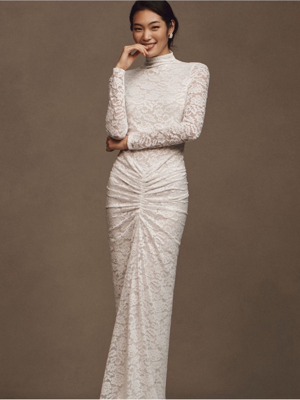 Ronny Kobo Lace High-Neck Ruched Maxi Dress in Ivory